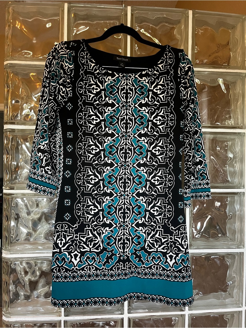 White House Black Market Black, White & Teal Long-Sleeve Printed Tunic Dress